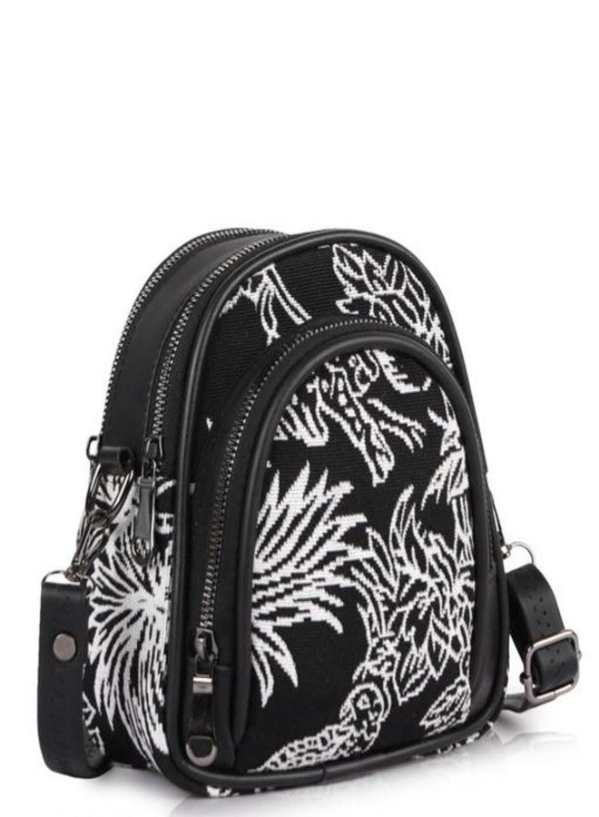 CULT FACTORY Fancy Black Sling Bag for Women Floral Print Side Purse for Girls with 3 Compartments and Long Belt Mobile Slingbag - Image 1